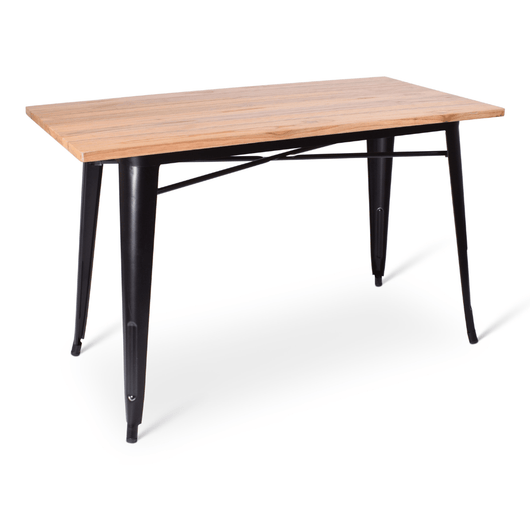 Stapelbare terrastafel Gandria met zwart frame en iepenhouten blad van 120 x 60 cm. 