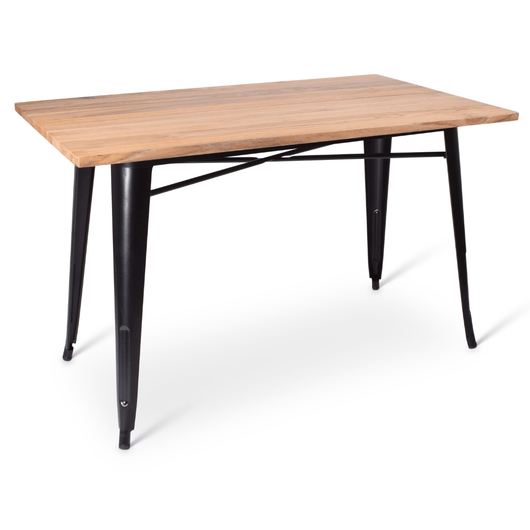 Stapelbare terrastafel Gandria met zwart frame en iepenhouten blad van 120 x 70 cm. 