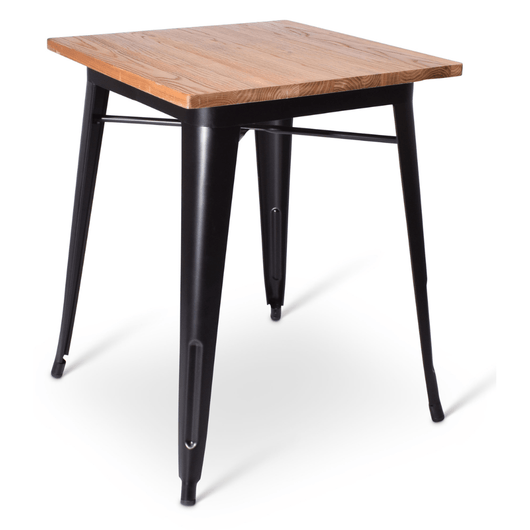 Stapelbare terrastafel Gandria met zwart frame en iepen houten blad van 60 x 60 cm. 