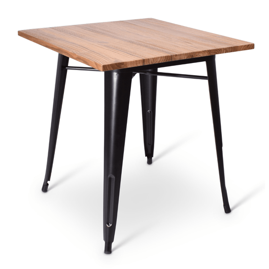 Stapelbare terrastafel Gandria met zwart frame en iepen houten blad van 70 x 70 cm. 