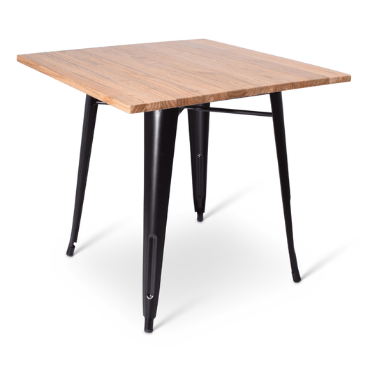 Stapelbare terrastafel Gandria met zwart frame en iepen houten blad van 80 x 80 cm. 