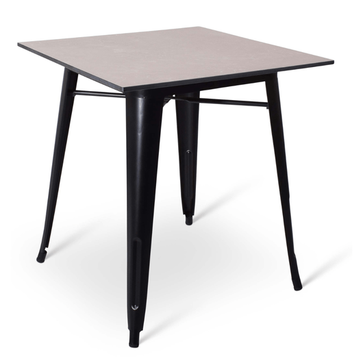 Stapelbare terrastafel Gandria met zwart frame en compact steen-look blad van 70 x 70 cm. 