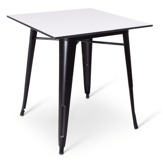 Stapelbare terrastafel Gandria met zwart frame en iepen houten blad van 70 x 70 cm. 