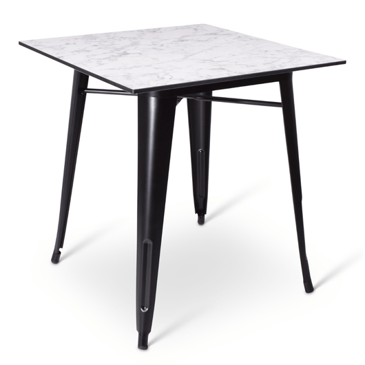 Stapelbare terrastafel Gandria met zwart frame en compact wit gemarmerd blad van 70 x 70 cm. 