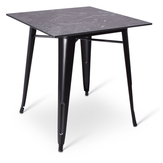 Stapelbare terrastafel Gandria met zwart frame en compact zwart gemarmerd blad van 70 x 70 cm. 