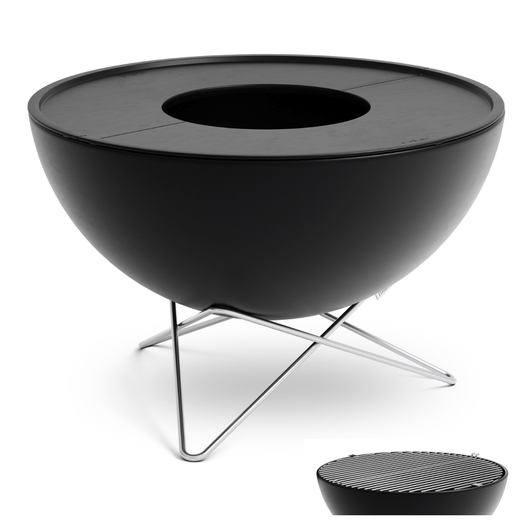 Höfats Bowl vuurschaal. Zwart geëmailleerd schaal met gietijzeren plancha platen, rvs roosters en ster voet.