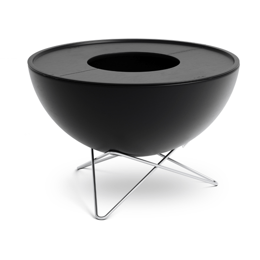 Höfats Bowl vuurschaal. Zwart geëmailleerd schaal met gietijzeren plancha platen en rvs ster voet.