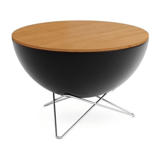 Höfats Bowl vuurschaal. Zwart geëmailleerd schaal met bamboe plank, rvs ster voet.