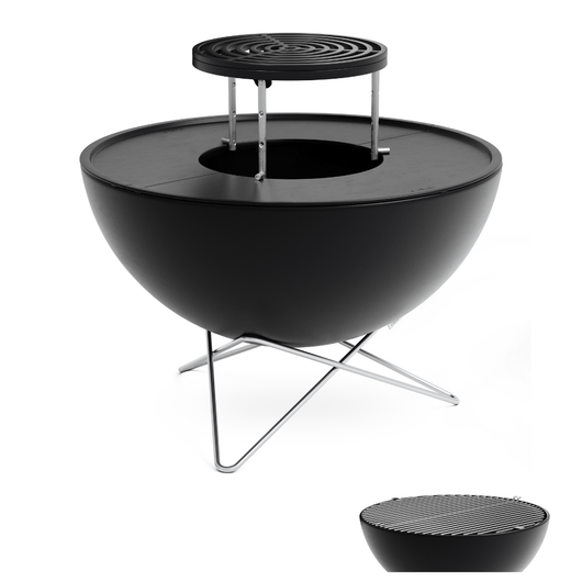 Höfats Bowl vuurschaal. Zwart geëmailleerd schaal met planchaset, sear grate en 2 rvs roosters en ster voet.