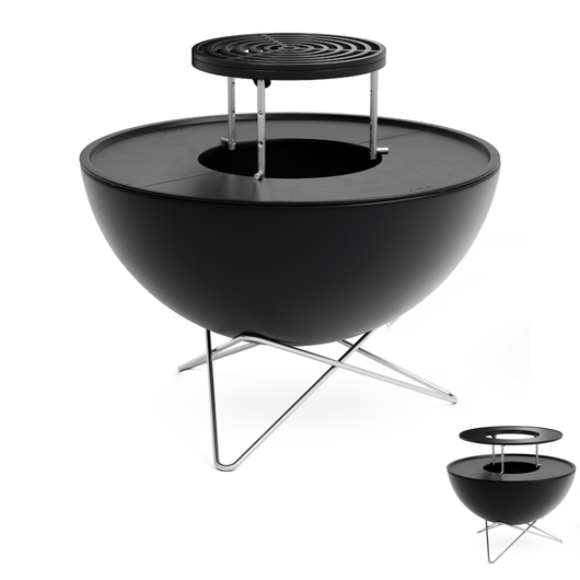 Höfats Bowl vuurschaal. Zwart geëmailleerd schaal met planchaset, sear grate, warmhoudring en rvs ster voet.