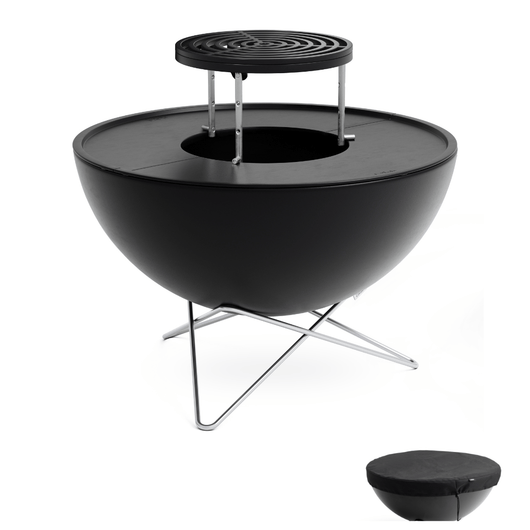 Höfats Bowl vuurschaal. Zwart geëmailleerd schaal met planchaset, sear grate, afdekhoes en rvs ster voet.