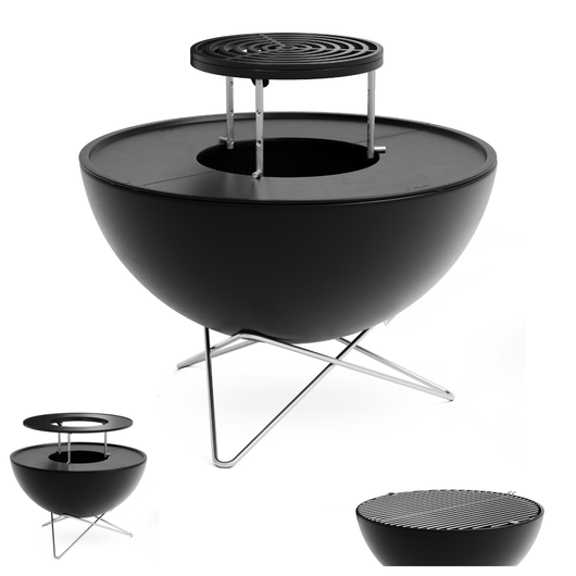 Höfats Bowl vuurschaal. Zwart geëmailleerd schaal met planchaset, sear grate , warmhoudring, 2 rvs roosters en ster voet.