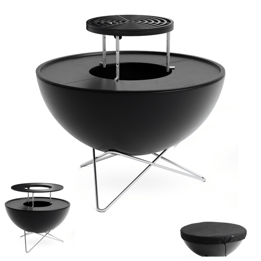 Höfats Bowl vuurschaal. Zwart geëmailleerd schaal met planchaset, sear grate , warmhoudring, afdekhoes en rvs ster voet.