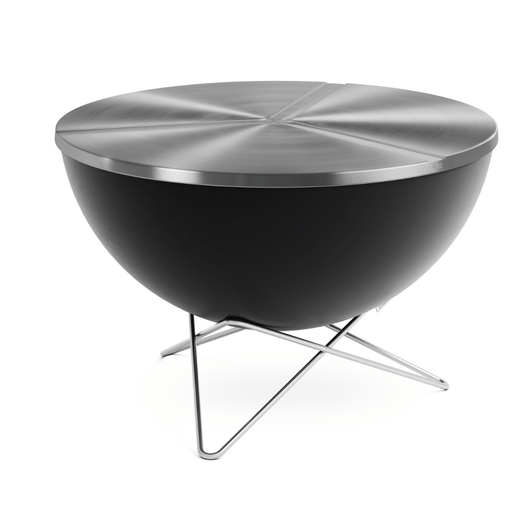 Höfats Bowl vuurschaal. Zwart geëmailleerd schaal met rvs deksel en ster voet.