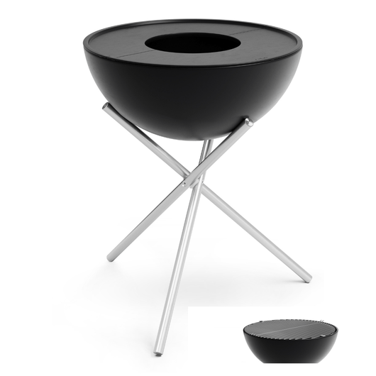 Höfats Bowl vuurschaal. Zwart geëmailleerd schaal met planchaset,  2 rvs roosters en tripod voet.