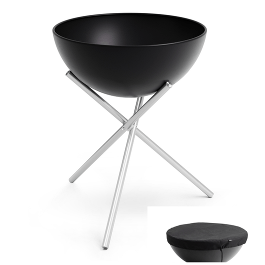 Höfats Bowl vuurschaal. Zwart geëmailleerd schaal,  afdekhoes en rvs tripod voet.