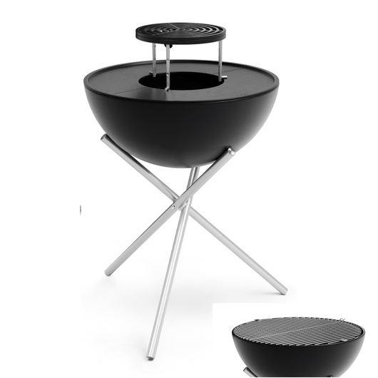 Höfats Bowl vuurschaal. Zwart geëmailleerd schaal, gietijzeren planchaset, sear grate, 2 rvs roosters en tripod voet.