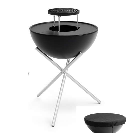 Höfats Bowl vuurschaal. Zwart geëmailleerd schaal, gietijzeren planchaset, sear grate, afdekhoes en rvs tripod voet.