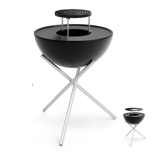 Höfats Bowl vuurschaal. Zwart geëmailleerd schaal, gietijzeren planchaset, sear grate, warmhoudring en rvs tripod voet.