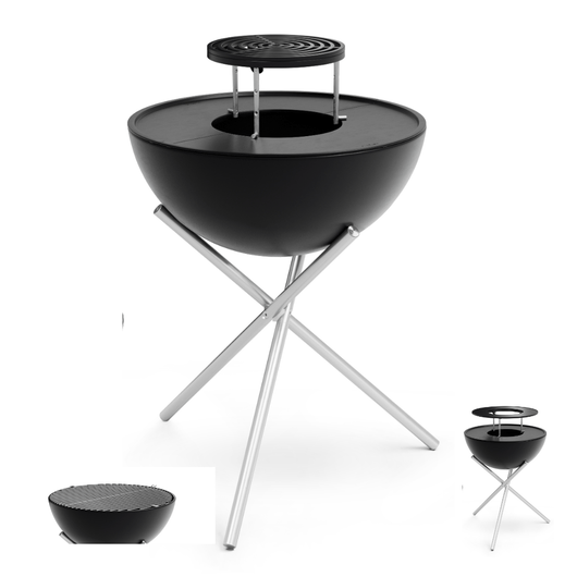 Höfats Bowl vuurschaal. Zwart geëmailleerd schaal, gietijzeren planchaset, sear grate, warmhoudring, 2 rvs roosters en tripod voet.