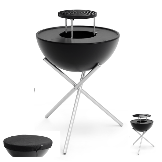 Höfats Bowl vuurschaal. Zwart geëmailleerd schaal, gietijzeren planchaset, sear grate, warmhoudring, afdekhoes en rvs tripod voet.