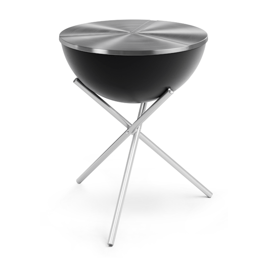 Höfats Bowl vuurschaal. Zwart geëmailleerd schaal,  rvs deksel en rvs tripod voet.