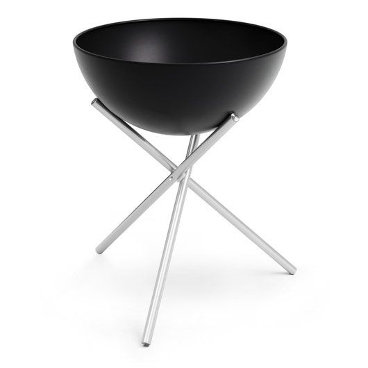 Höfats Bowl vuurschaal. Zwart geëmailleerd schaal en rvs tripod voet.