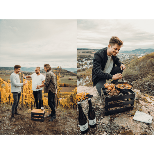 2 sfeerfoto's van de Höfats crate vuurkorf in een heuvelachtig landschap. Links met bamboe plank en rechts als barbecue.