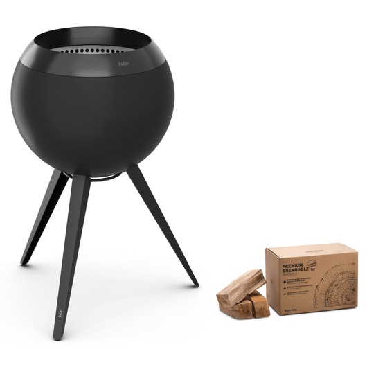 Höfats MOON 45 vuurkorf zwart met hoge roestvrijstalen standaard – rookvrije design vuurkorf met houtvergassingstechnologie. Doos mwr 12kg brandhout