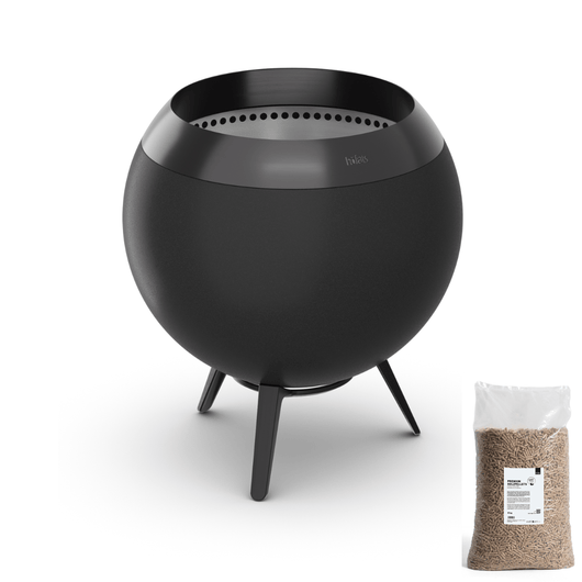 Höfats MOON 45 vuurkorf zwart met lage gietijzeren standaard – rookvrije design vuurkorf met houtvergassingstechnologie. 15 kg zak palletkorrels