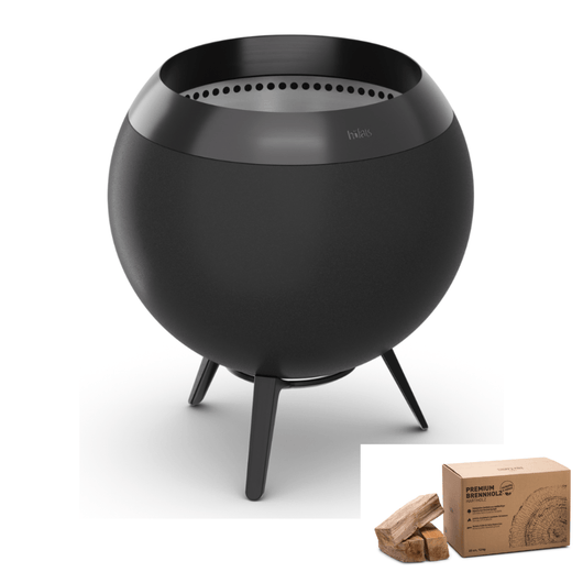 Höfats MOON 45 vuurkorf zwart met lage gietijzeren standaard – rookvrije design vuurkorf met houtvergassingstechnologie. 12 kg doos brandhout