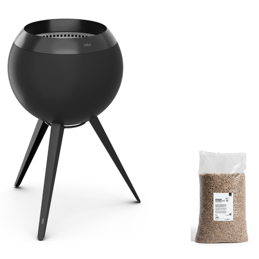 Höfats MOON 45 vuurkorf zwart met hoge roestvrijstalen standaard – rookvrije design vuurkorf met houtvergassingstechnologie. 15 kg zak palletkorrels