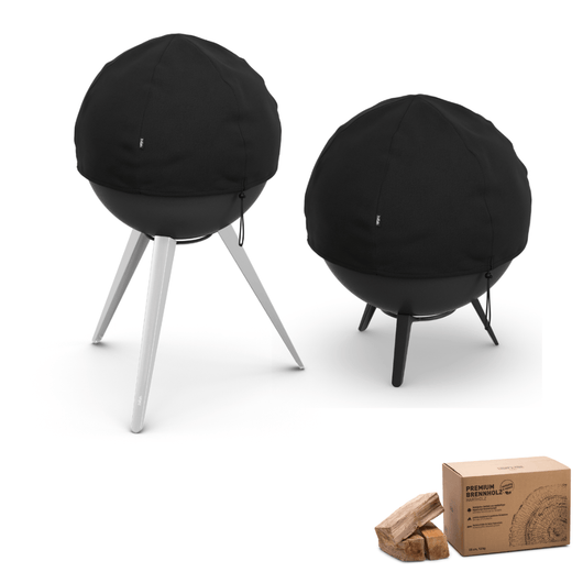 Höfats MOON 45 vuurkorf met lage gietijzeren en hoge rvs standaard inclusief afdekhoes– rookvrije design vuurkorf met houtvergassingstechnologie en dos met 12kg brandhout