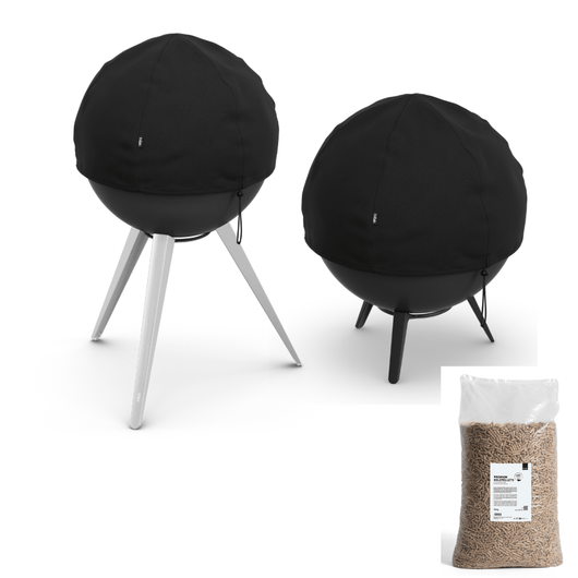 Höfats MOON 45 vuurkorf met lage gietijzeren en hoge rvs standaard inclusief afdekhoes– rookvrije design vuurkorf met houtvergassingstechnologie en zak van 15kg houtpalletkorrels