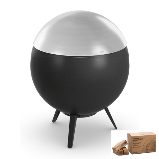 Höfats MOON 45 vuurkorf met lage gietijzeren standaard inclusief rvs deksel– rookvrije design vuurkorf met houtvergassingstechnologie en doos met 12kg brandhout