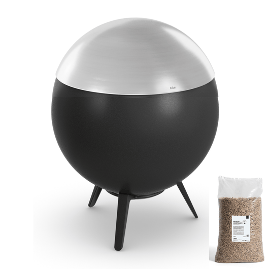 Höfats MOON 45 vuurkorf met lage gietijzeren standaard inclusief rvs deksel– rookvrije design vuurkorf met houtvergassingstechnologie en zak van 15kg houtpalletkorrels