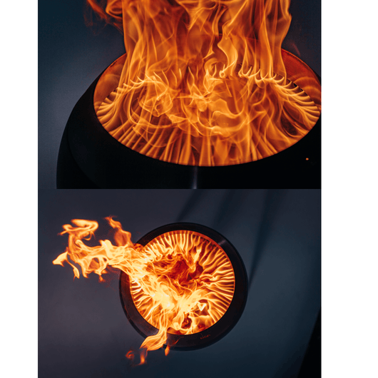 Detailfoto van het vuur van de Höfats MOON 45 vuurkorf – rookvrije design vuurkorf met houtvergassingstechnologie