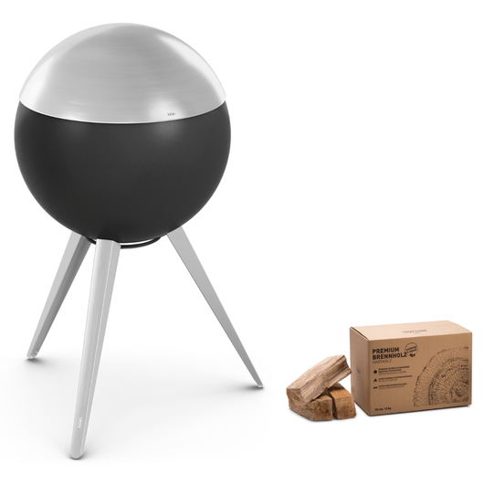 Höfats MOON 45 vuurkorf zilver met hoge roestvrijstalen standaard en deksel – rookvrije design vuurkorf met houtvergassingstechnologie. 12 kg doos brandhout