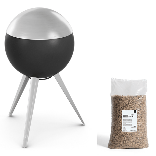 Höfats MOON 45 vuurkorf zilver met hoge roestvrijstalen standaard en deksel – rookvrije design vuurkorf met houtvergassingstechnologie. 15 kg zak palletkorrels