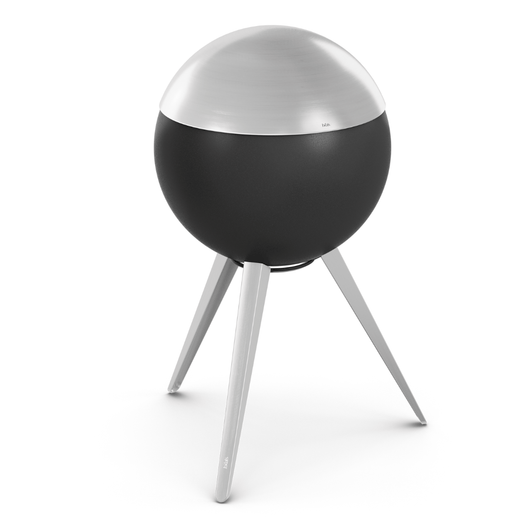 Höfats MOON 45 vuurkorf roestvrijstaal met hoge roestvrijstalen standaard. Voorzien van roestvrijstalen deksel – rookvrije design vuurkorf met houtvergassingstechnologie