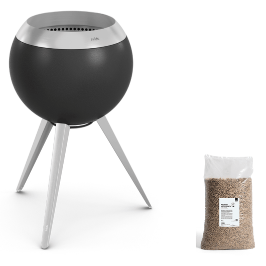 Höfats MOON 45 vuurkorf zilver met hoge roestvrijstalen standaard – rookvrije design vuurkorf met houtvergassingstechnologie. 15 kg zak palletkorrels