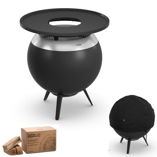 Höfats MOON 45 vuurkorf zilver met lage gietijzeren standaard, afdekhoes, grillring en 12kg brandhout – rookvrije design vuurkorf met houtvergassingstechnologie. 