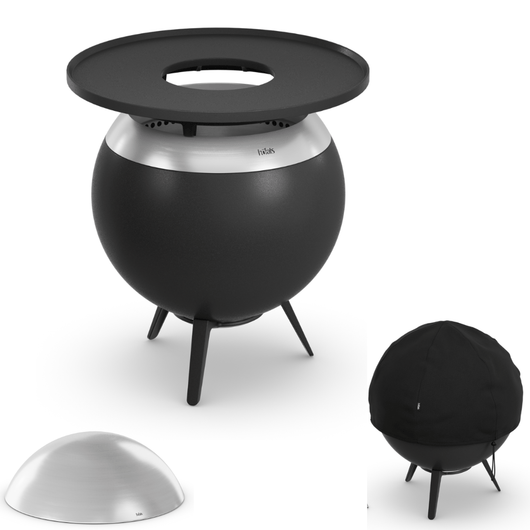 Höfats MOON 45 vuurkorf zilver met lage gietijzeren standaard, afdekhoes, grillring en rvs deksel – rookvrije design vuurkorf met houtvergassingstechnologie. 