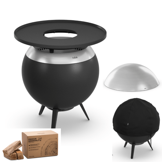 Höfats MOON 45 vuurkorf zilver met lage gietijzeren standaard, afdekhoes, grillring, rvs deksel en 12kg brandhout – rookvrije design vuurkorf met houtvergassingstechnologie. 