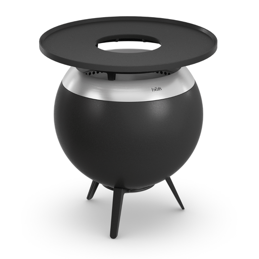 Höfats MOON 45 vuurkorf roestvrijstaal met lage gietijzeren standaard. Voorzien van Geëmailleerd gietijzeren grillring  – rookvrije design vuurkorf met houtvergassingstechnologie