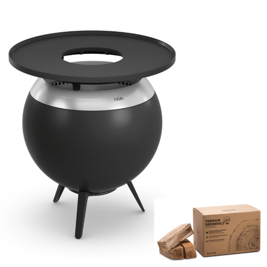 Höfats MOON 45 vuurkorf met lage gietijzeren standaard en grillring – rookvrije design vuurkorf met houtvergassingstechnologie en doos met 12kg brandhout