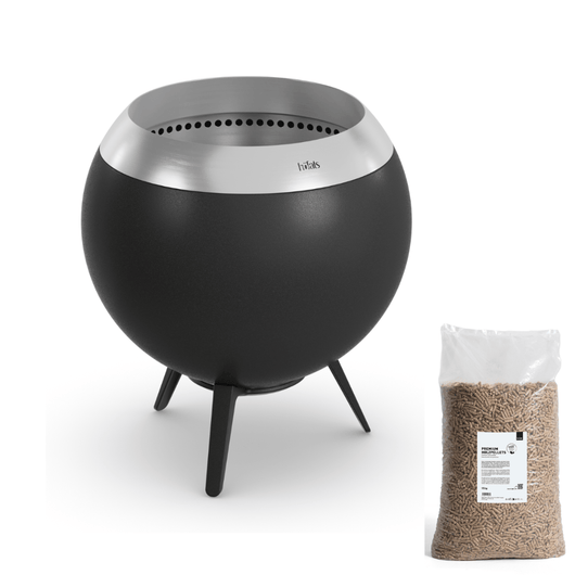 Höfats MOON 45 vuurkorf zilver met lage gietijzeren standaard – rookvrije design vuurkorf met houtvergassingstechnologie en zak van 15kg houtpalletkorrels