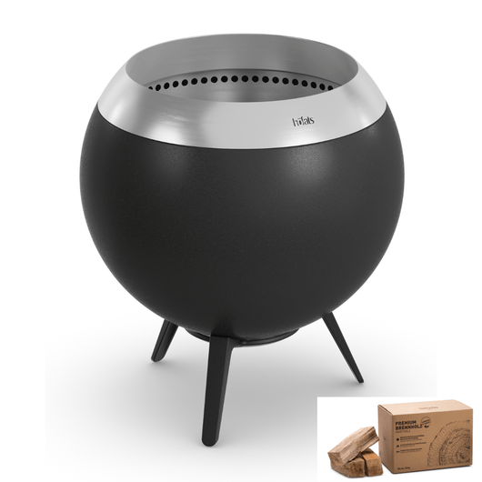 Höfats MOON 45 vuurkorf zilver met lage gietijzeren standaard – rookvrije design vuurkorf met houtvergassingstechnologie en doos met 12kg brandhout