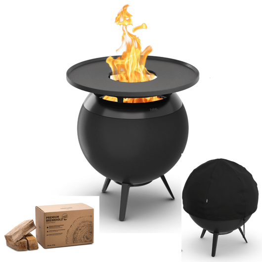 Höfats MOON 45 vuurkorf zwart met lage gietijzeren standaard, grillring, afdekhoes en 12kg brandhout – rookvrije design vuurkorf met houtvergassingstechnologie. 