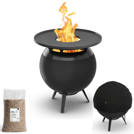 Höfats MOON 45 vuurkorf zwart met lage gietijzeren standaard, grillring, afdekhoes en 15kg palletkorrels – rookvrije design vuurkorf met houtvergassingstechnologie. 